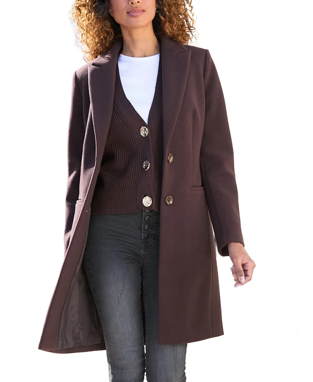 Long Button-Up Notch-Lapel Lined Coat by Lascana