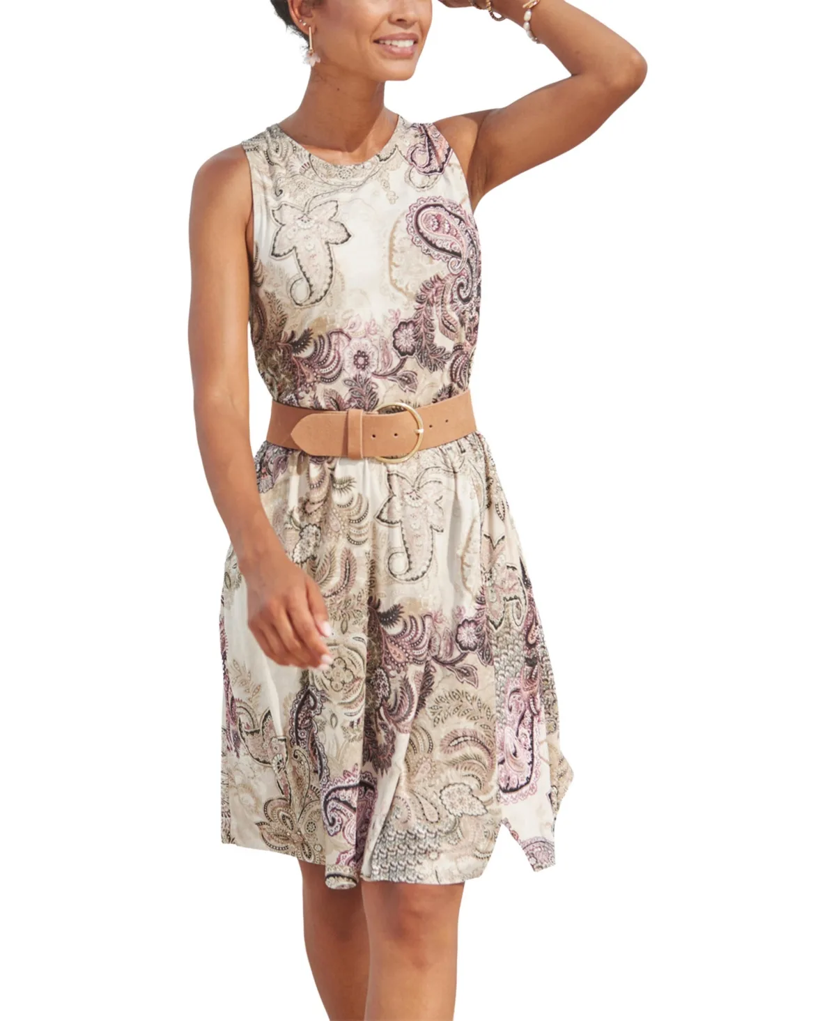 Viscose Printed Sleeveless with A-Line Elastic-Waist Short Dress by Lascana