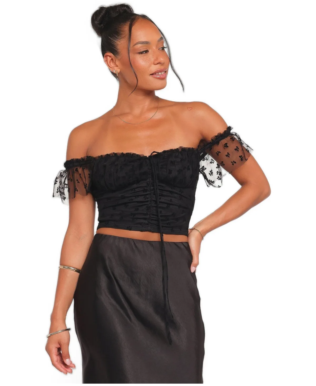 Aster Off-the-Shoulder Mesh Short-Sleeve Top by Petal and Pup