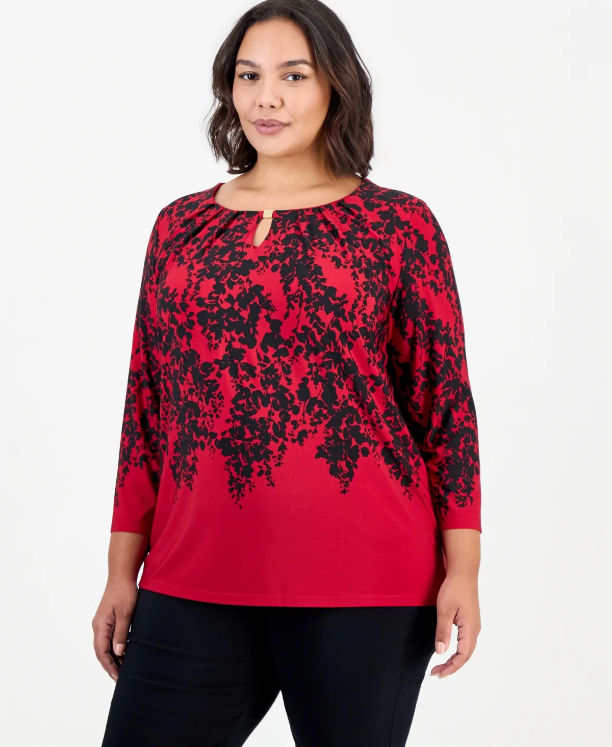 3/4-Sleeve Floral Keyhole Blouse by Kasper