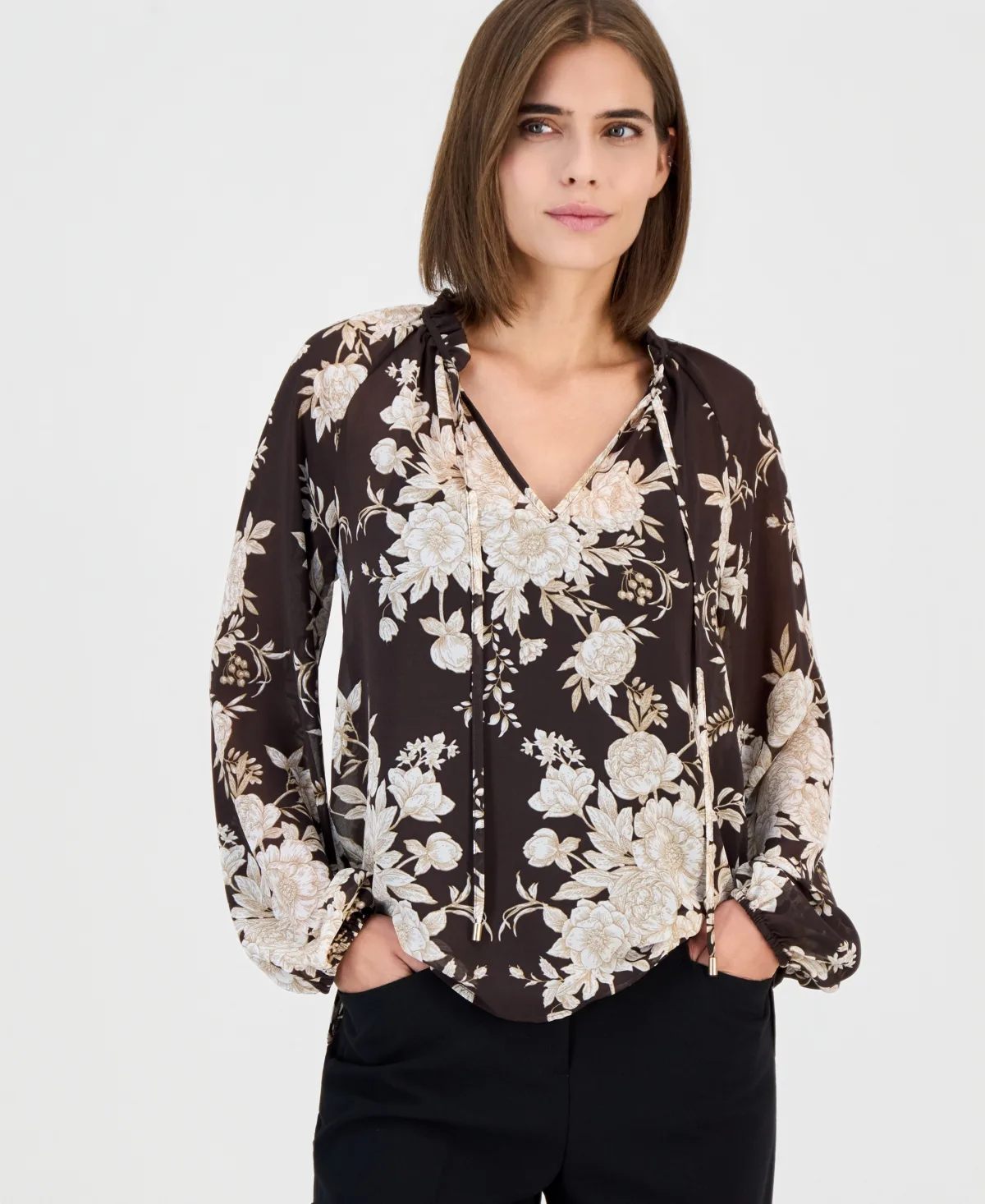 Bow-Tie Neck Long-Sleeve Floral Blouse by Tahari