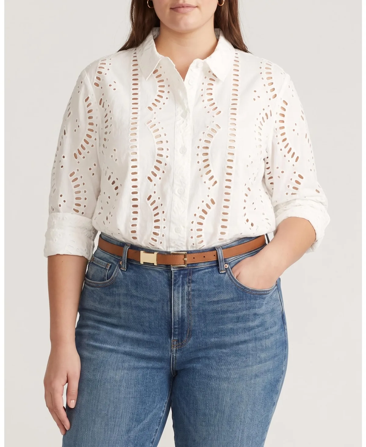 Oversized Embroidered Eyelet Long-Sleeve Button-Down Shirt