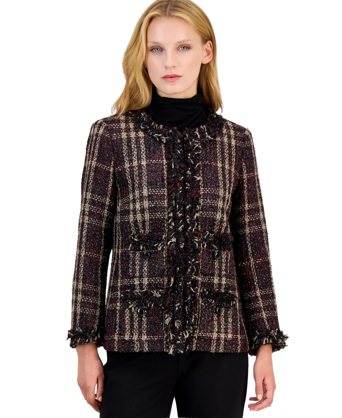 Fringe-Trim Plaid Shawl-Collar Jacket by Anne Klein