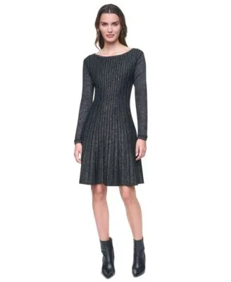 Long Sleeve Boat Neck Ribbed Fit Flare Dress by DKNY