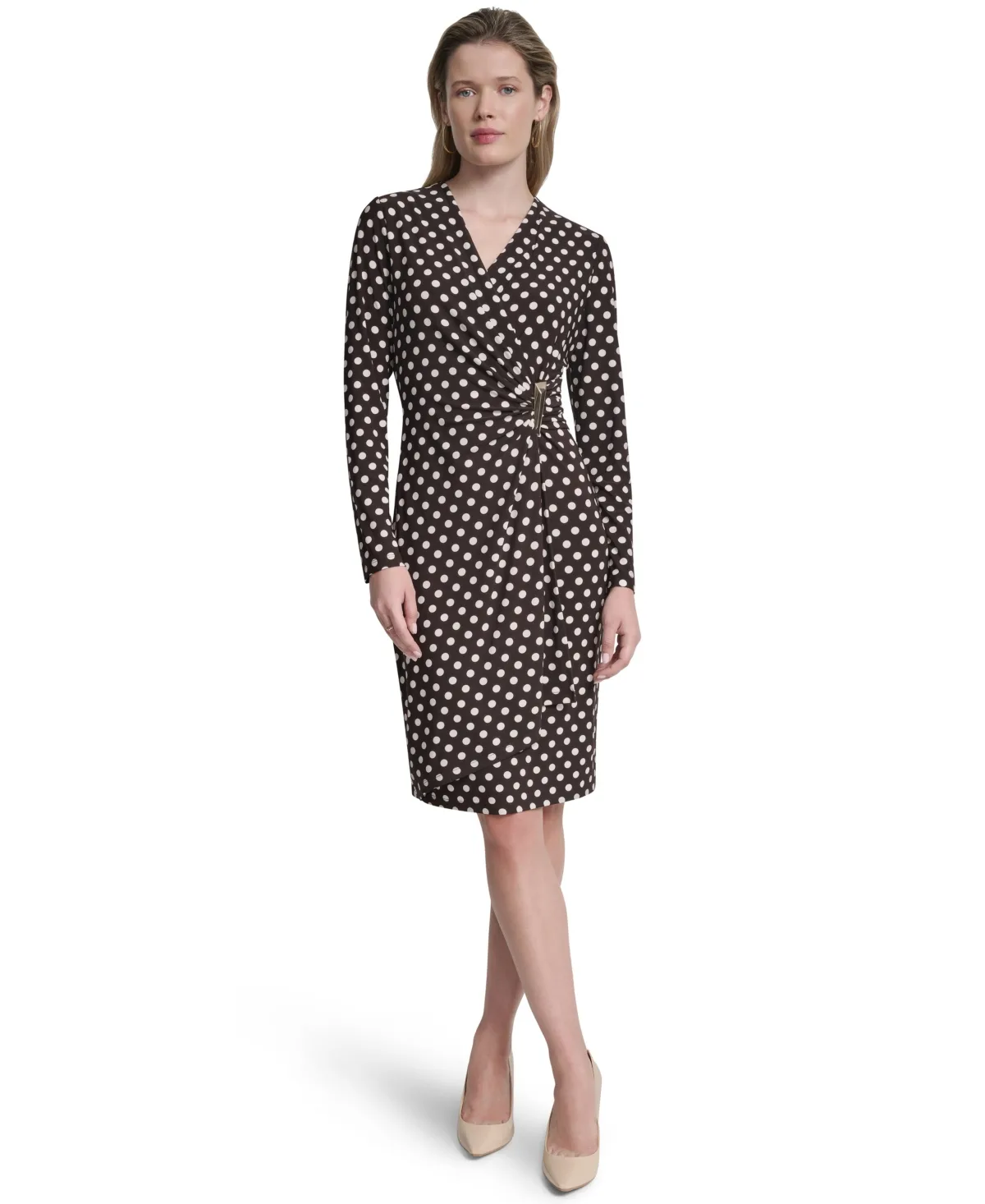 Long Sleeve Faux Wrap Polka Dot Knee Length Dress by DKNY