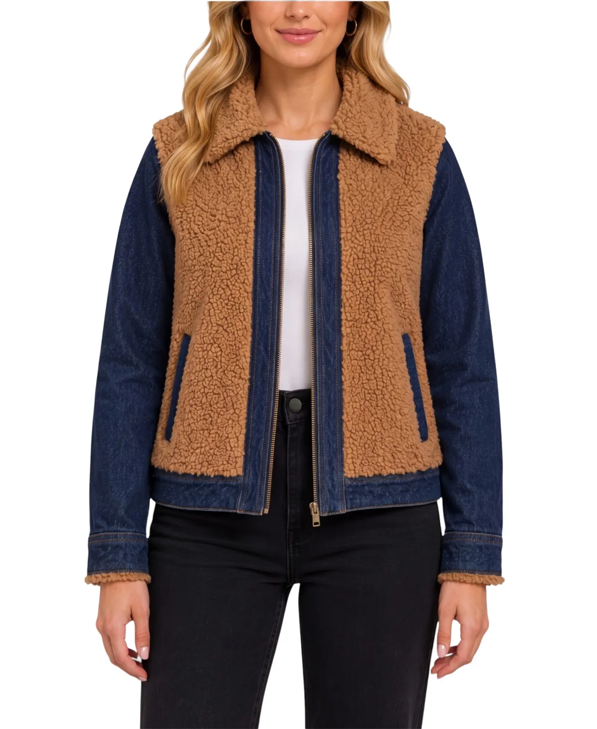 Sherpa-Lined Colorblock Denim Jacket by Liverpool Los Angeles