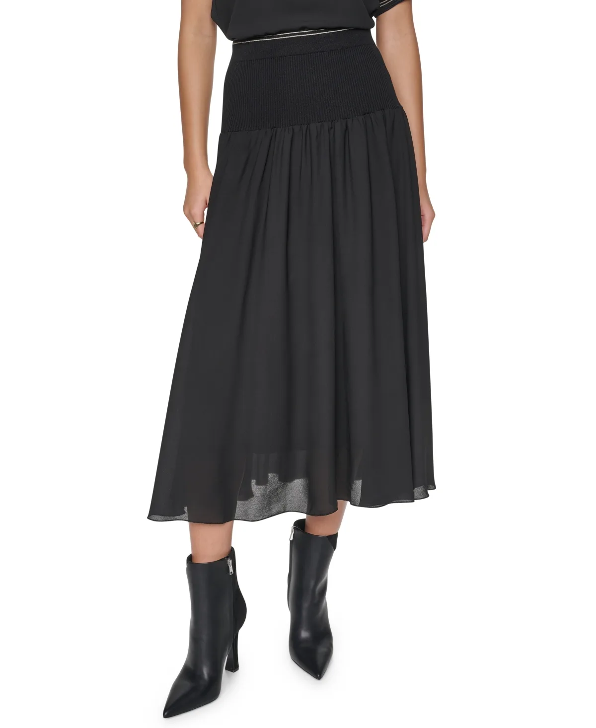 Contrast Stitch Mixed-Media High-Waisted Midi Skirt by DKNY