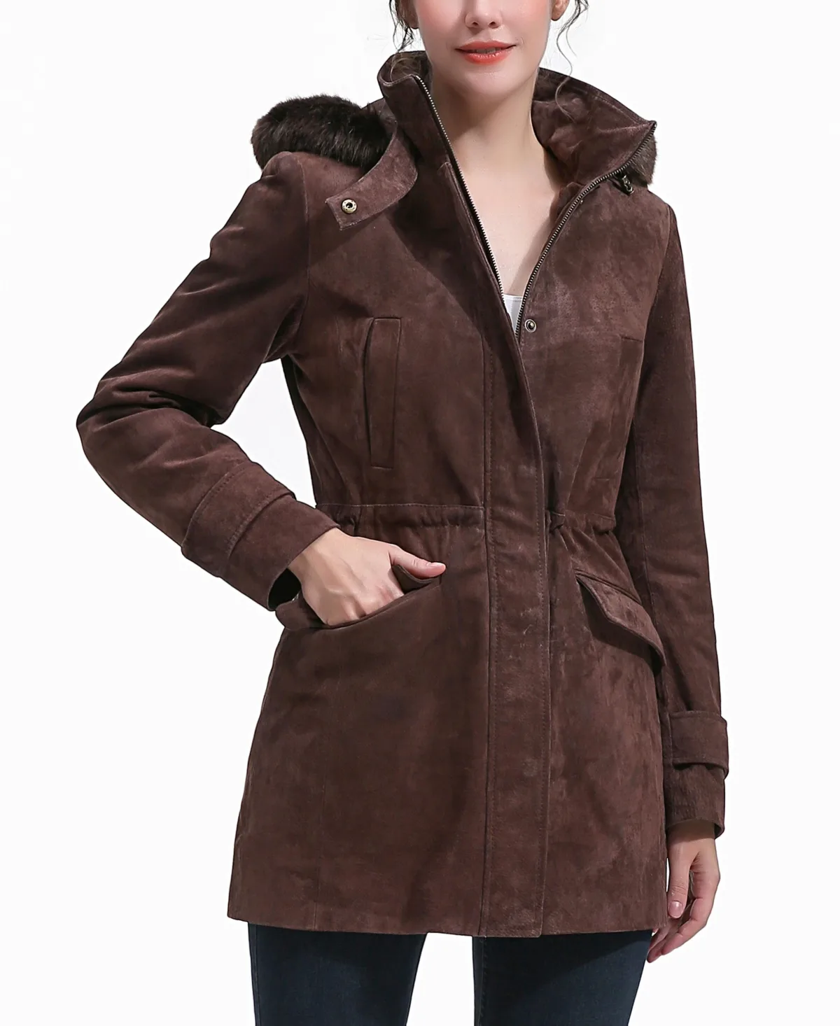 Iris Hooded Suede Leather Parka Jacket by Bgsd