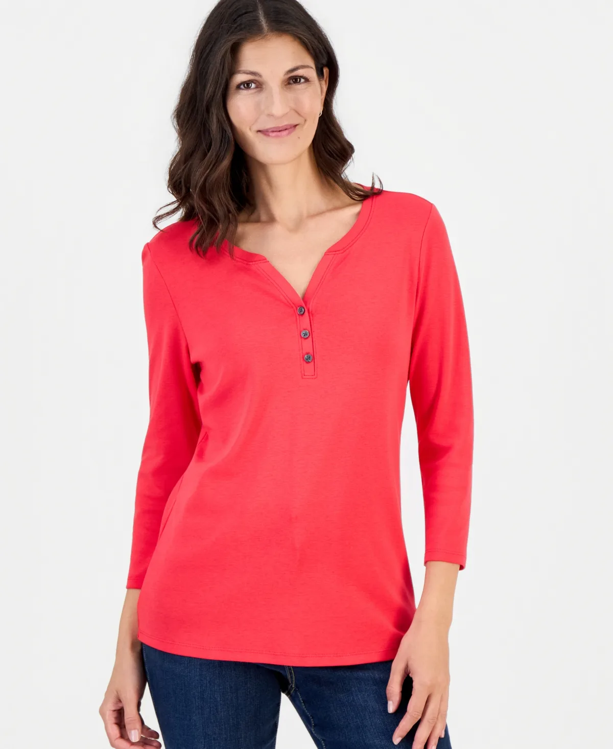 Cotton Knit Henley 3/4-Sleeve Top by Style & Co