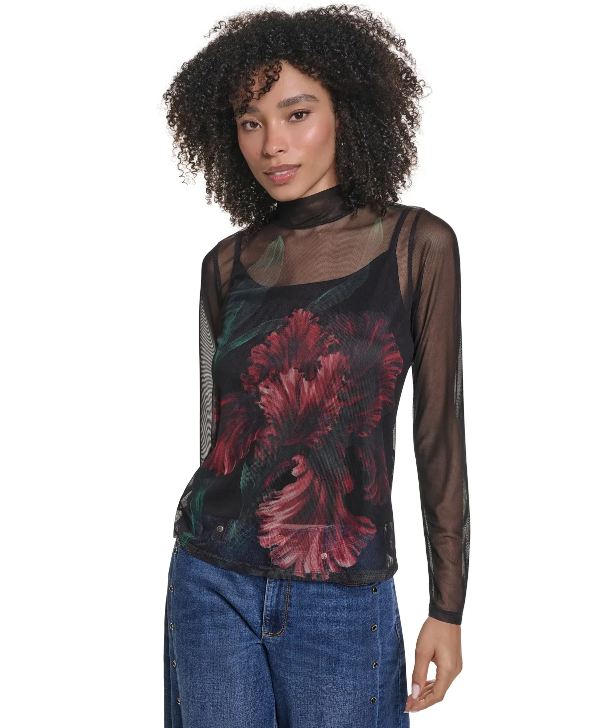 Sheer Long-Sleeve Floral-Print Mesh Top by Karl Lagerfeld