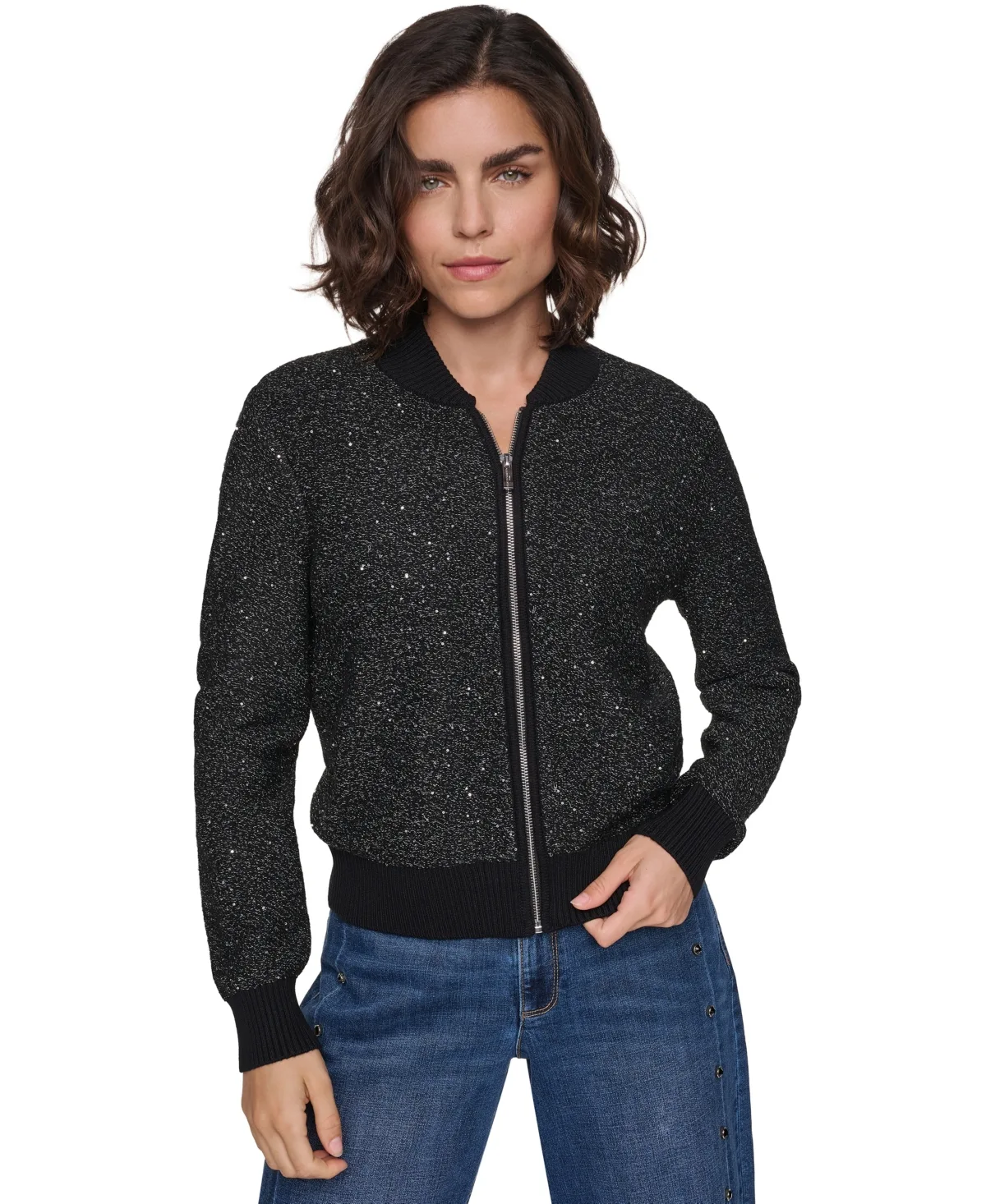 Full-Zip Embellished Loose-Fit Cardigan Sweater by Karl Lagerfeld