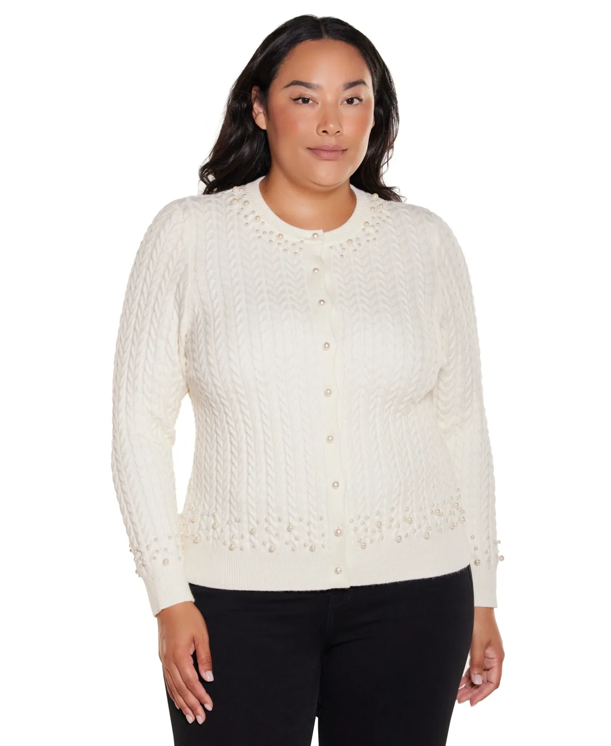 Fitted Cable-Knit Crewneck Cardigan Sweater by Belldini