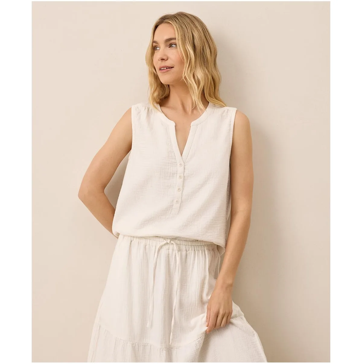 Organic Cotton Coastal Double Gauze Henley Tank