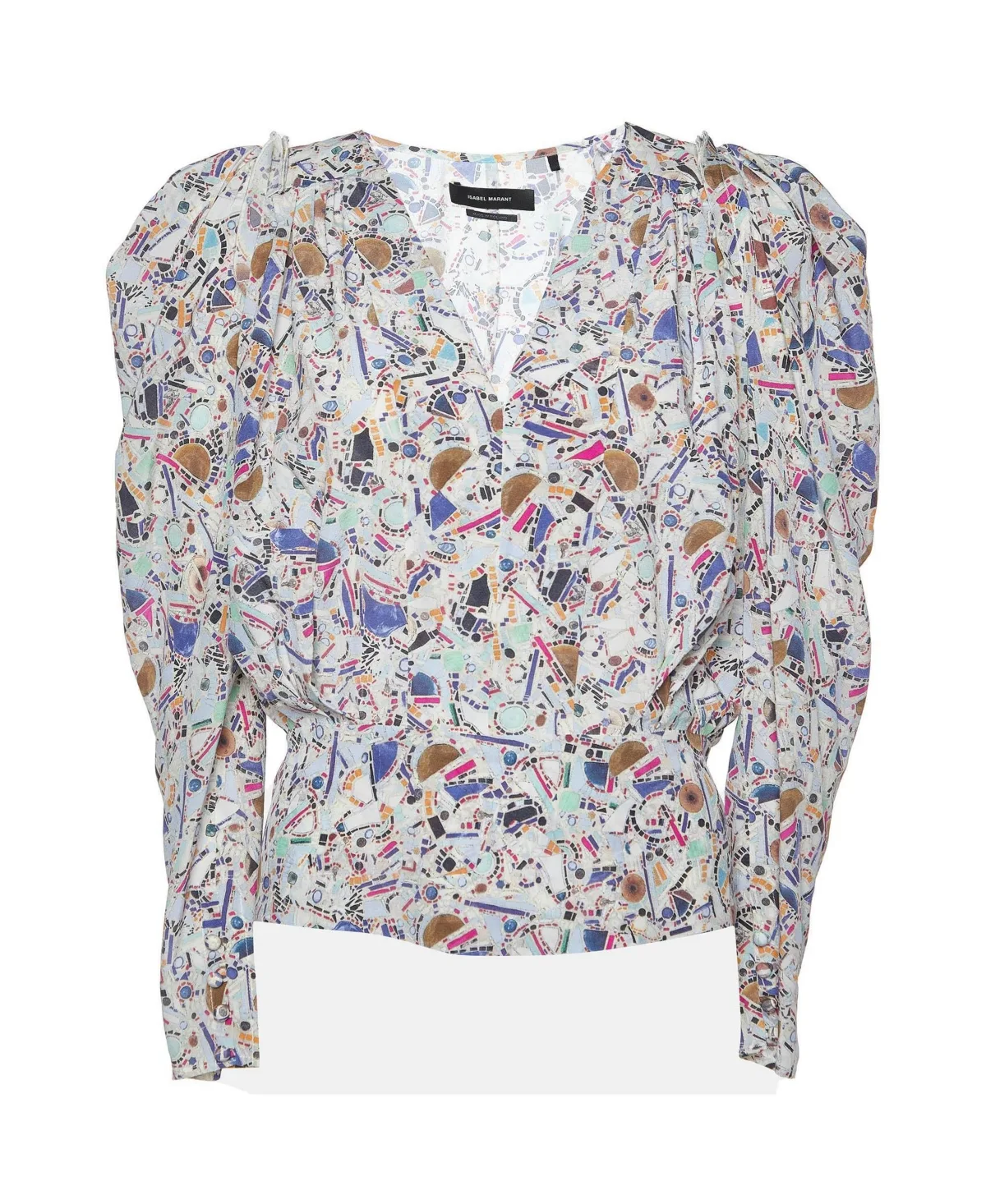 Amba Mosaic-Print Puffed-Long-Sleeve V-Neck Silk-Blend Blouse by Isabel Marant