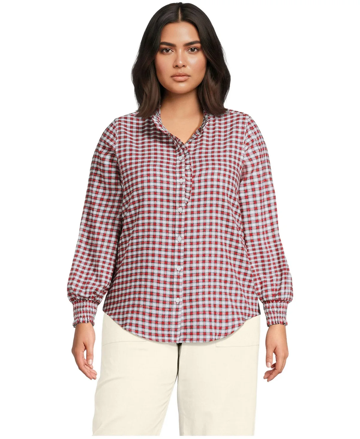 Flannel Ruffle Button Front Top by Lands' End