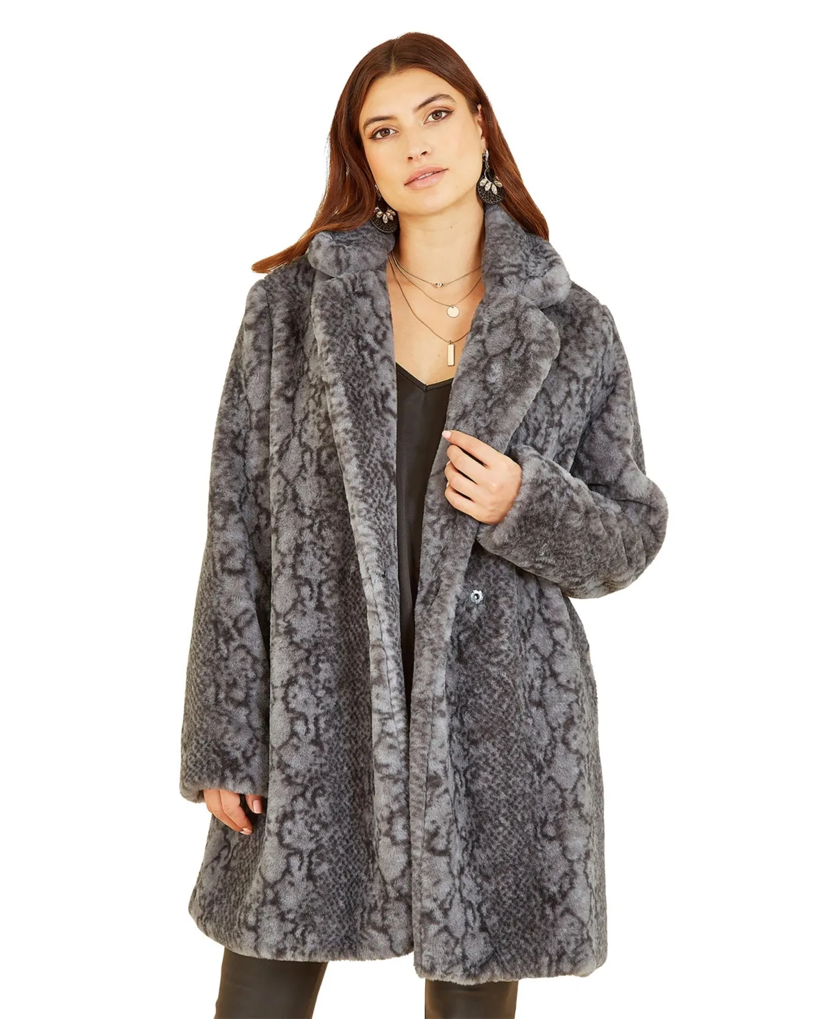 Snakeskin Print Faux Fur Coat by Yumi