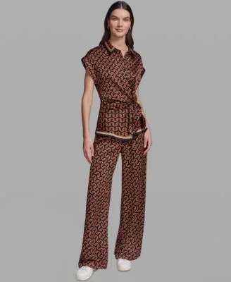 Geometric Print Satin Button Front Blouse Polka Dot Satin Straight Leg Pants by Karl Lagerfeld