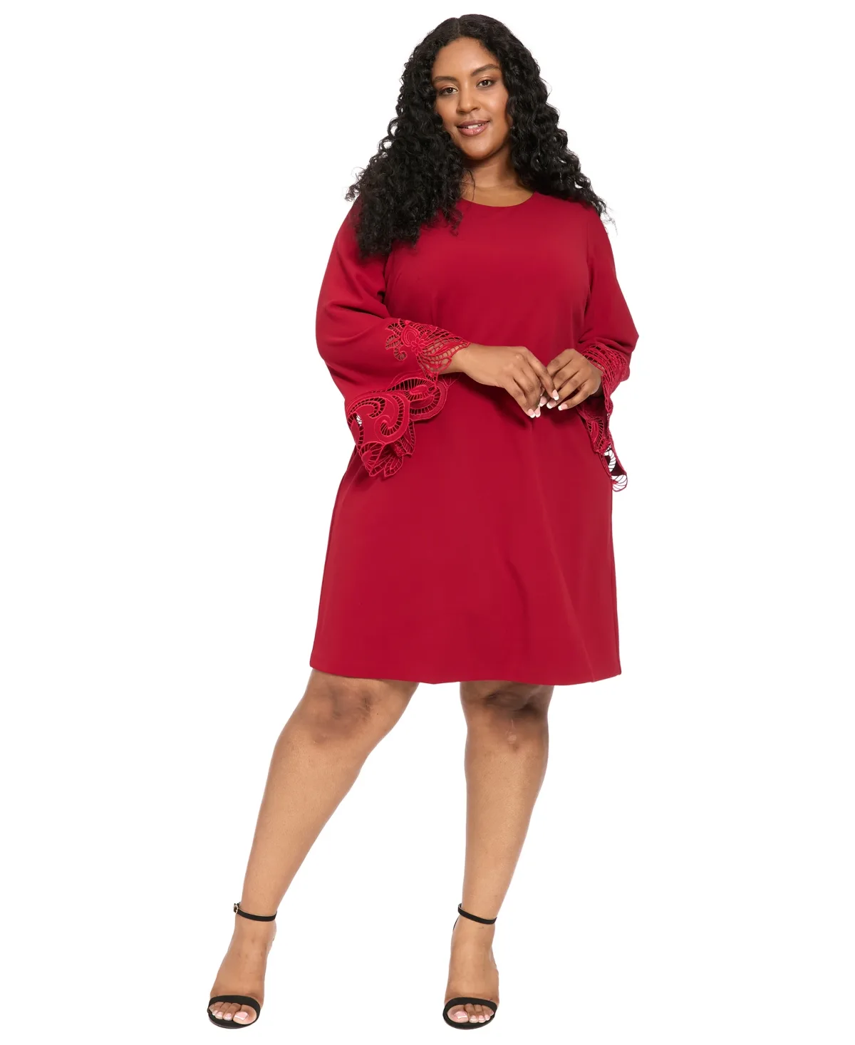 Lasercut Scuba Crepe 3/4-Sleeve Shift Dress by London Times