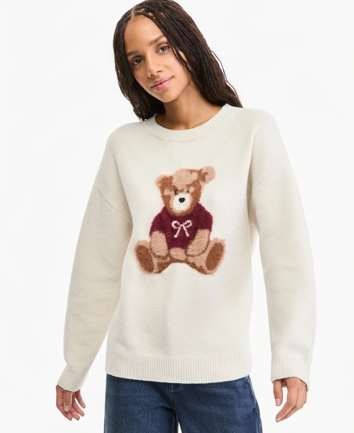 Feather Teddy Bear Crewneck Long-Sleeve Pullover Sweater by Hooked Up by Iot