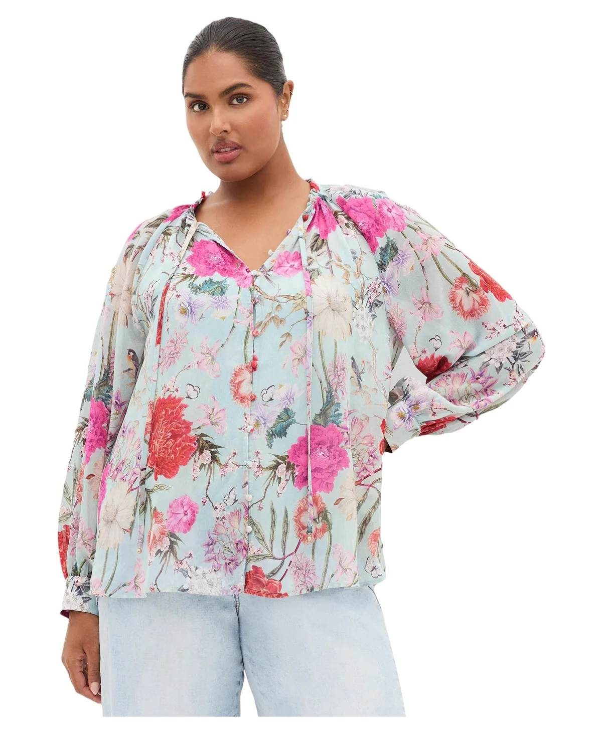 Sienna Floral-Print V-Neck Long-Sleeve Blouse