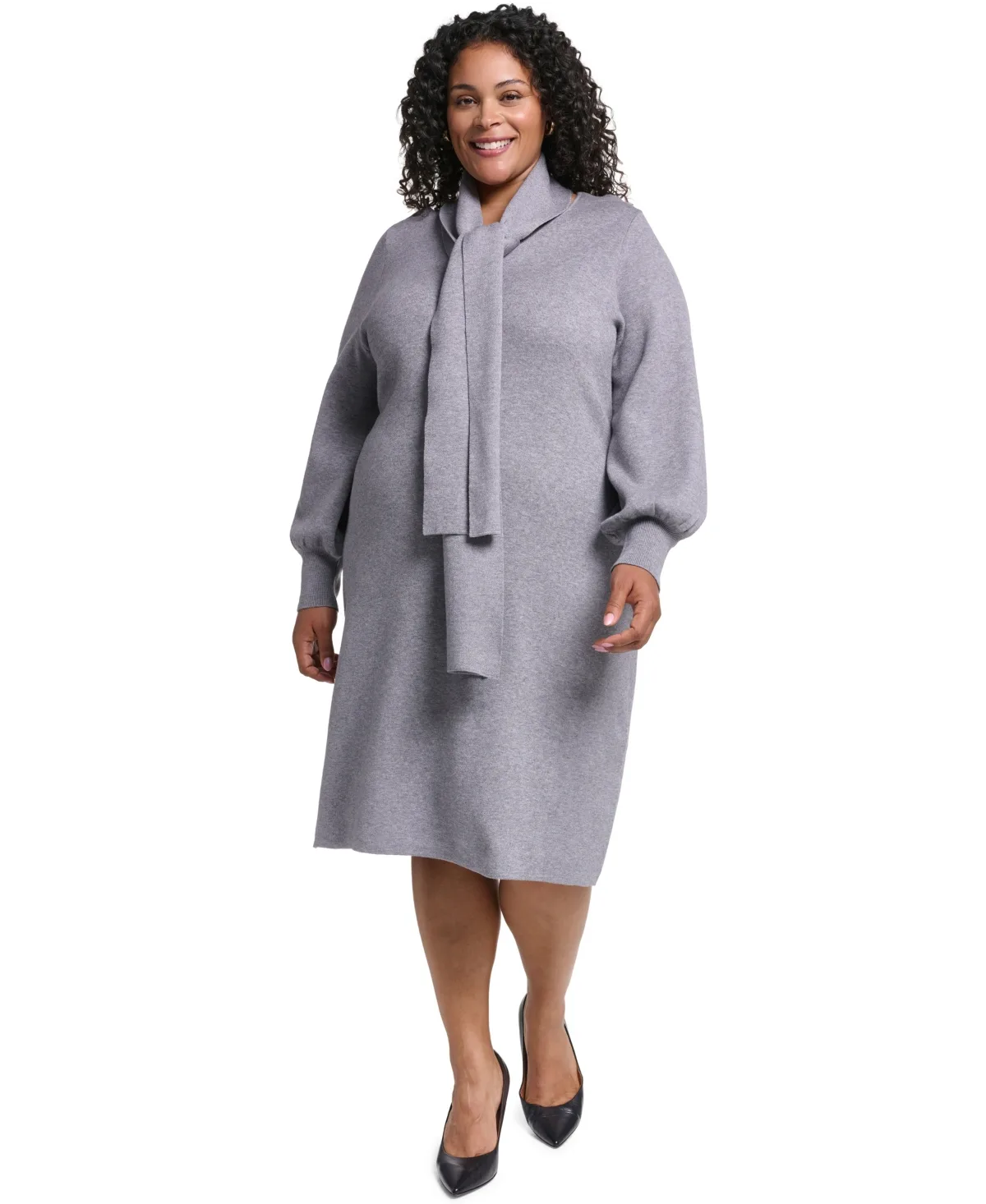 V-Neck Long-Sleeve Scarf Midi Dress by Jessica Howard
