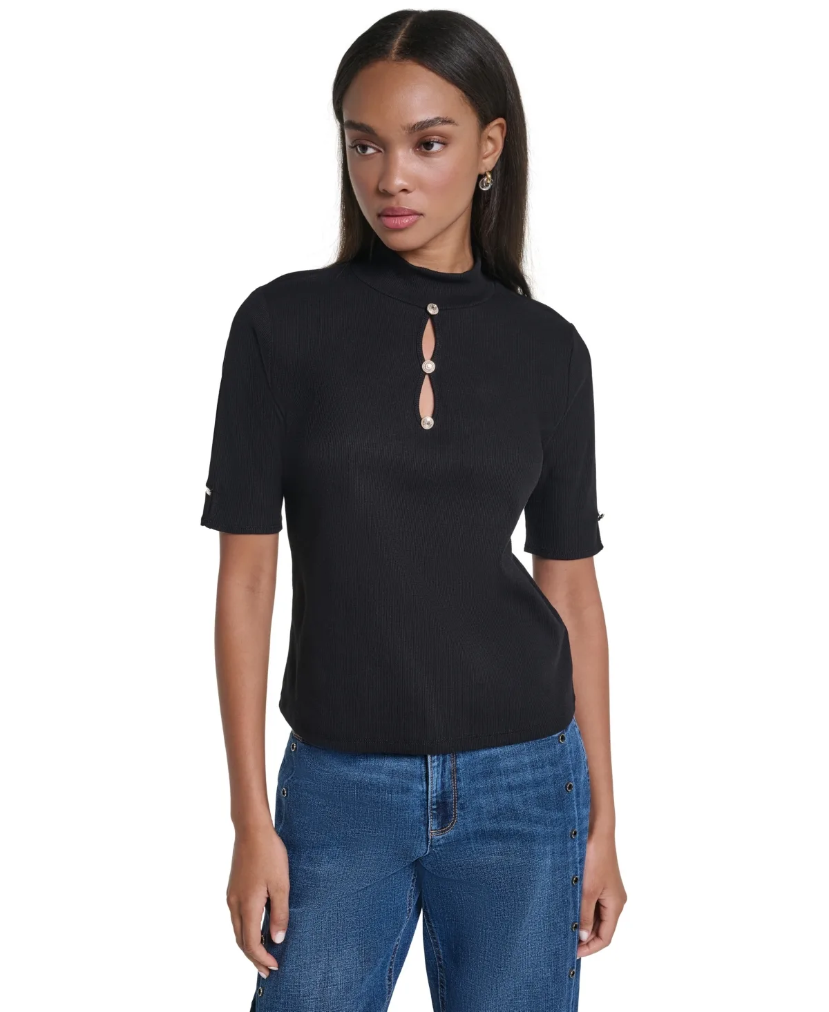 Mock Neck Short-Sleeve Keyhole Blouse by Karl Lagerfeld
