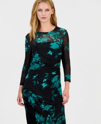 Floral Long Sleeve Mesh Midi Dress by Anne Klein