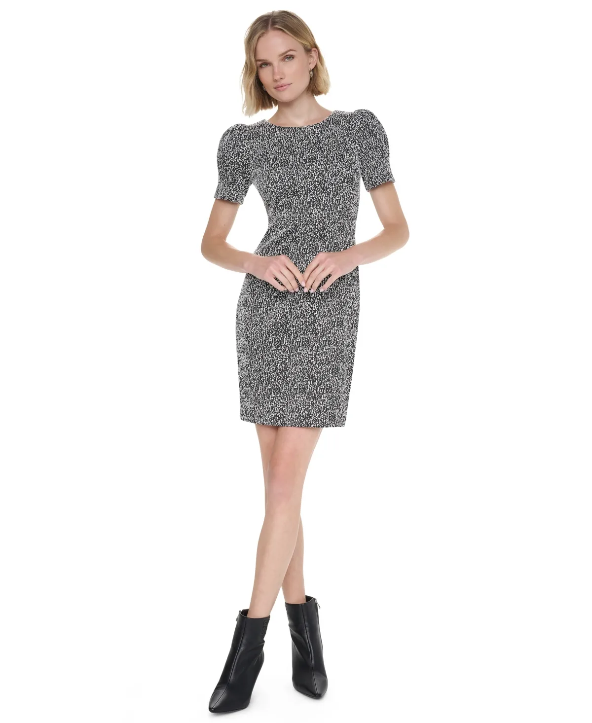 Puff-Sleeve Crewneck Textured-Knit Sheath Dress