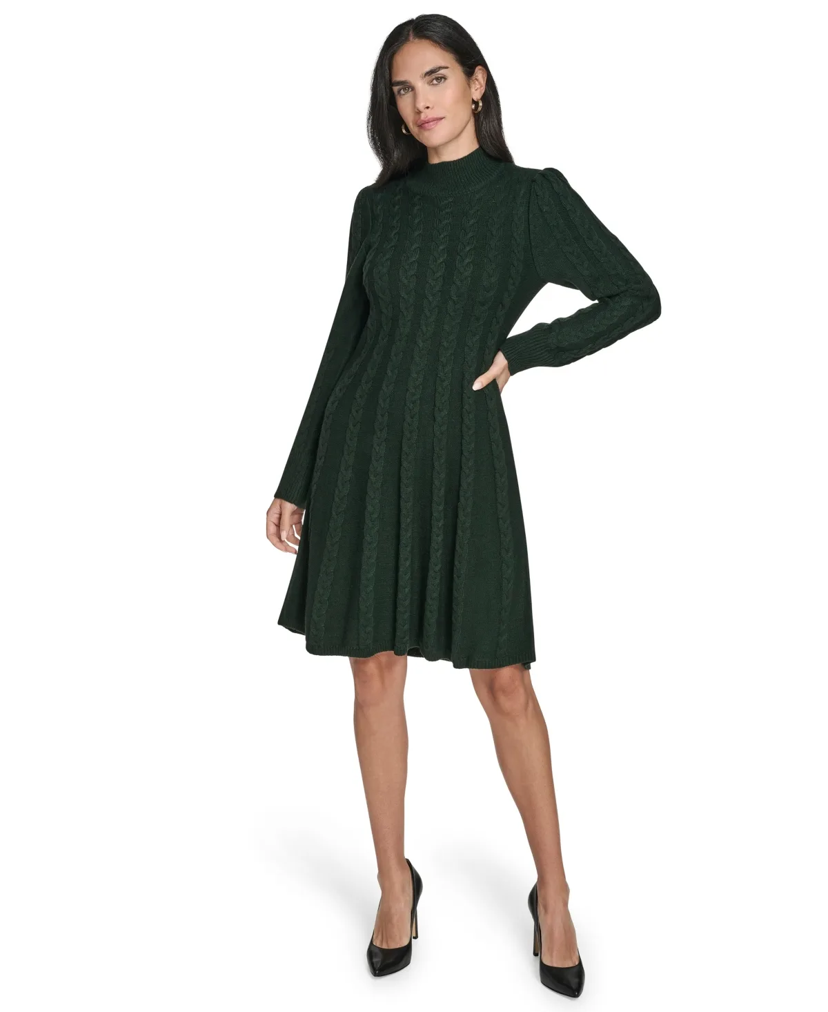 Long-Sleeve Cable Fit & Flare Mock Neck Knee Length Dress