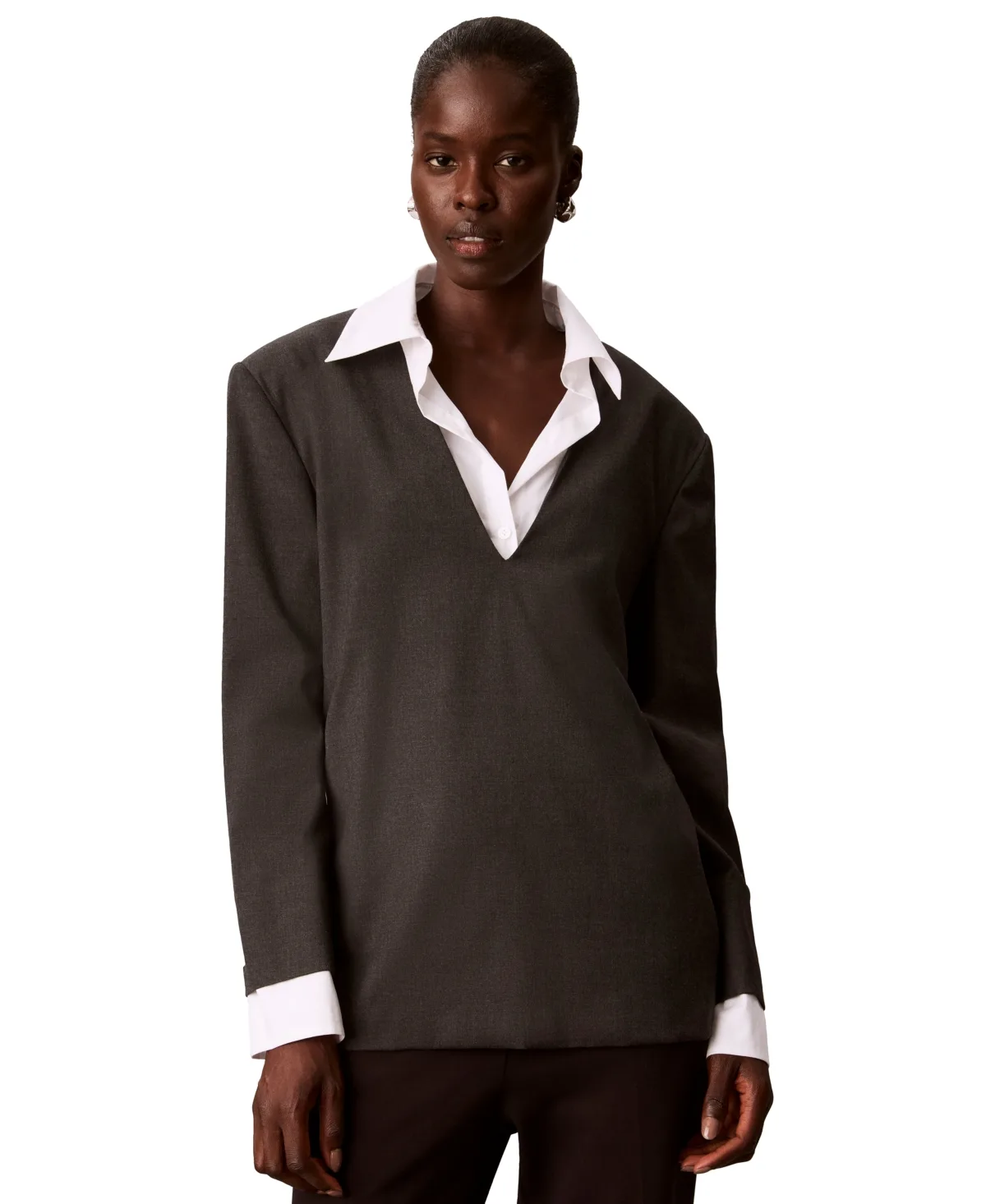 V-Neck Long-Sleeve Built-In Shirt Underlay Tunic by Calvin Klein