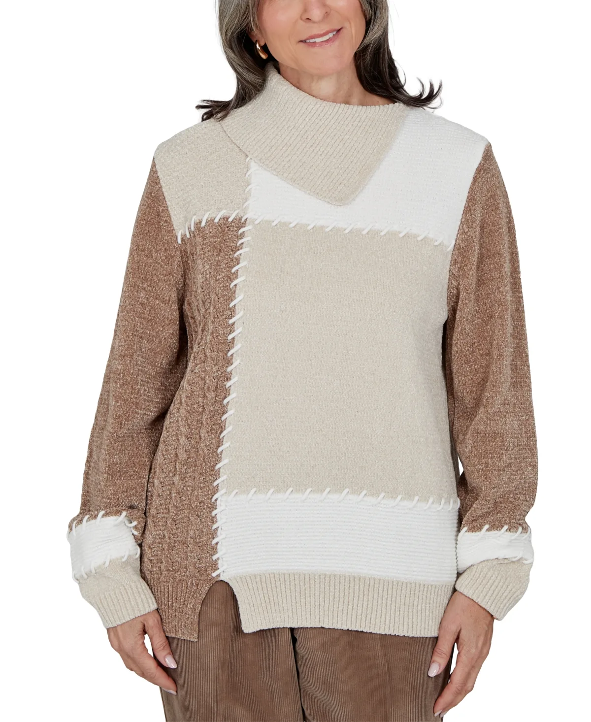 Cowl Neck Cable-Knit Colorblock Pullover Sweater - Stone by Alfred Dunner