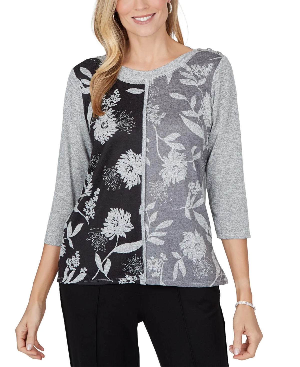 Floral-Print Boat Neck Side Slit Blouse by Alfred Dunner