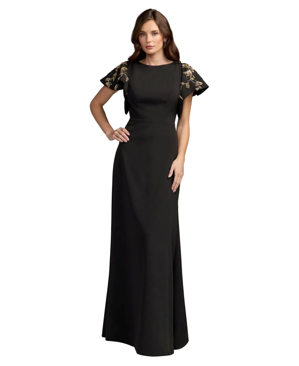 Embellished Flutter-Sleeve Sheath Gown by M.A.C.