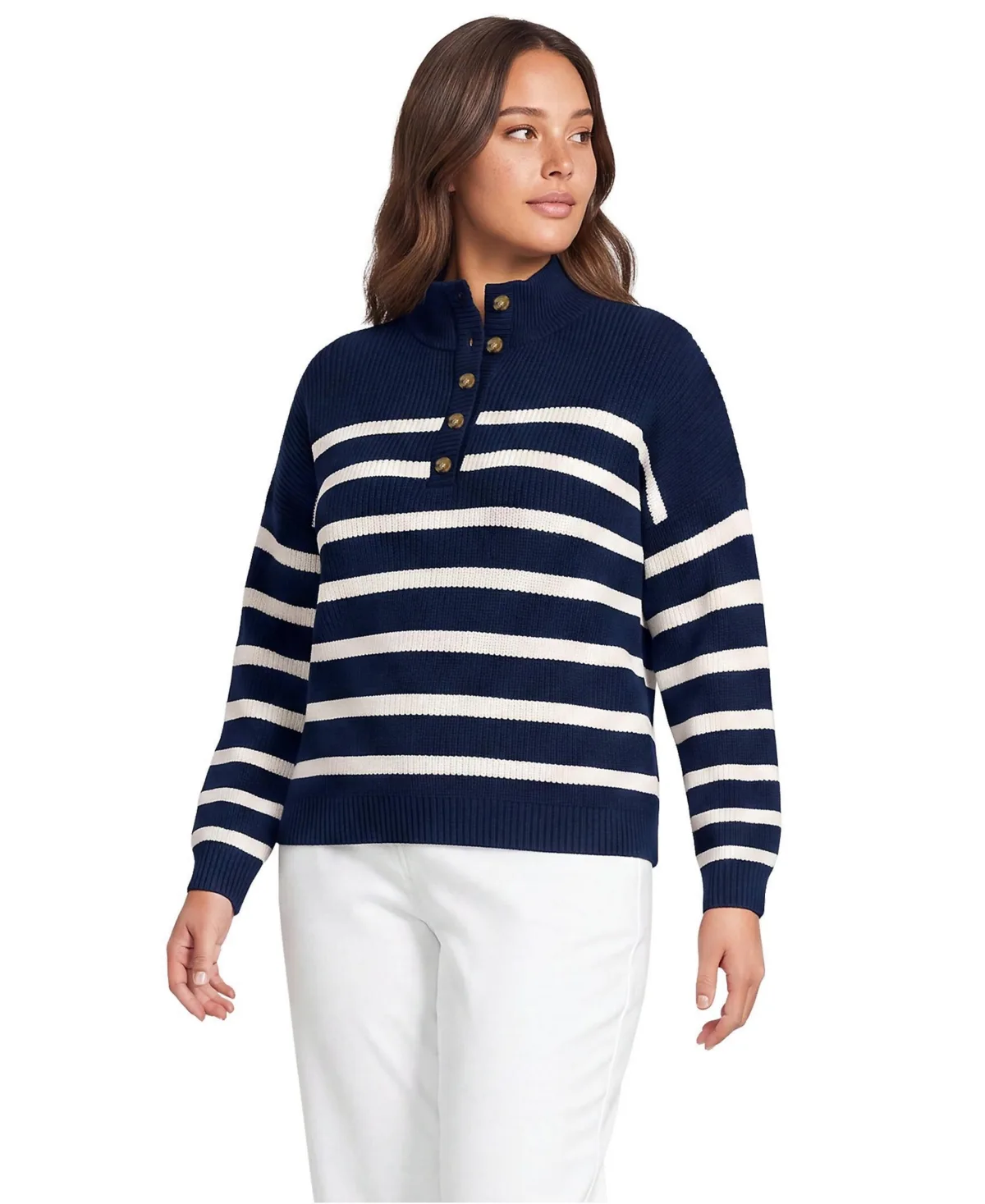 Cotton Button Up Henley Sweater by Lands' End