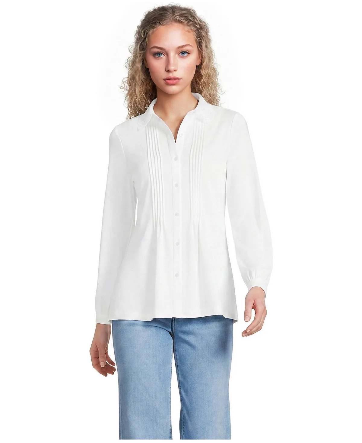 Long-Sleeve Pintuck Button-Front Blouse by Lands' End