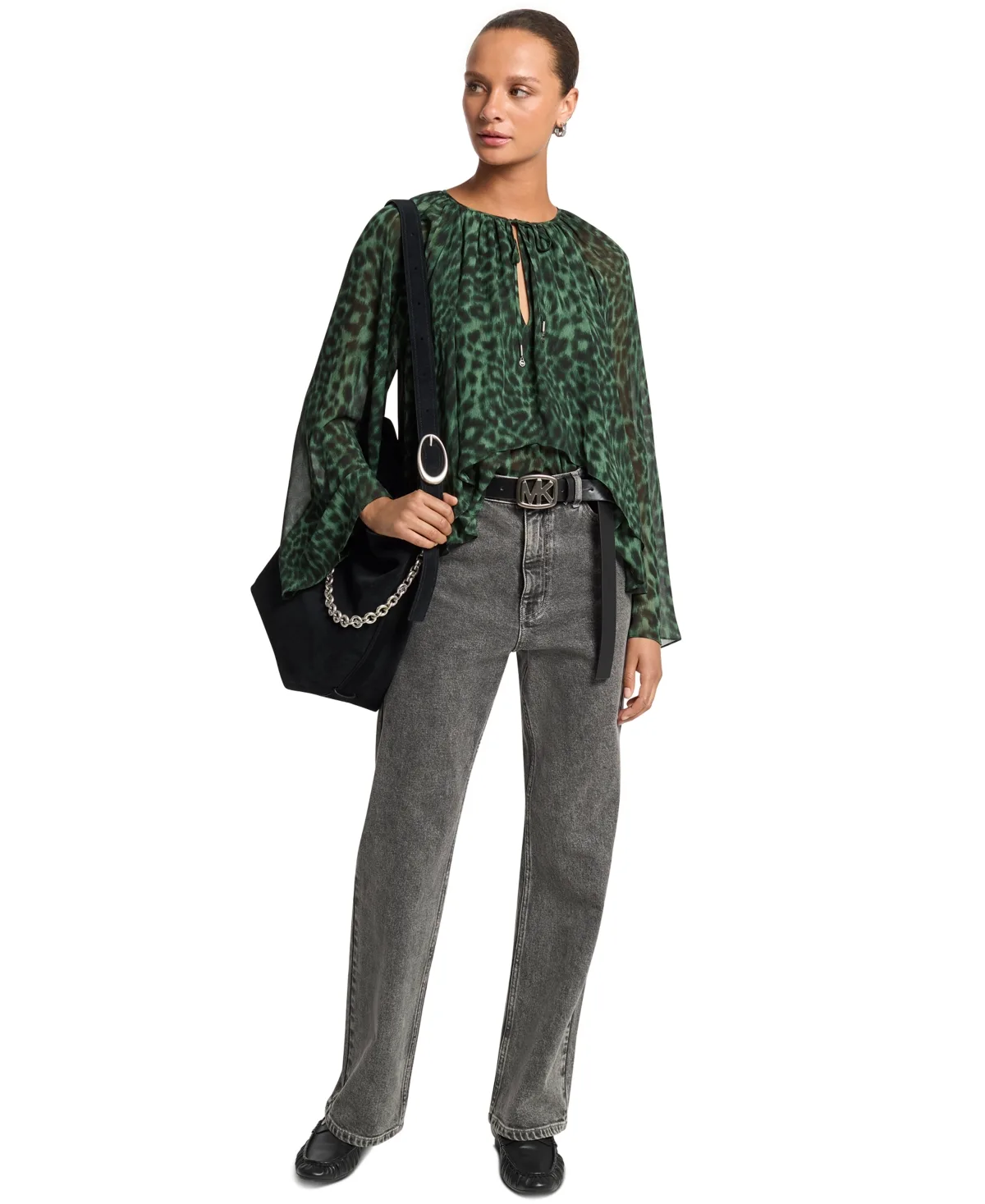 Long-Sleeve Leopard-Print High-Low Blouse by MICHAEL Michael Kors