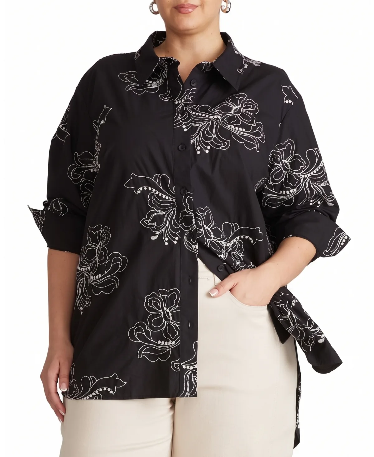 Oversized Embroidered Eyelet Long-Sleeve Button-Down Shirt