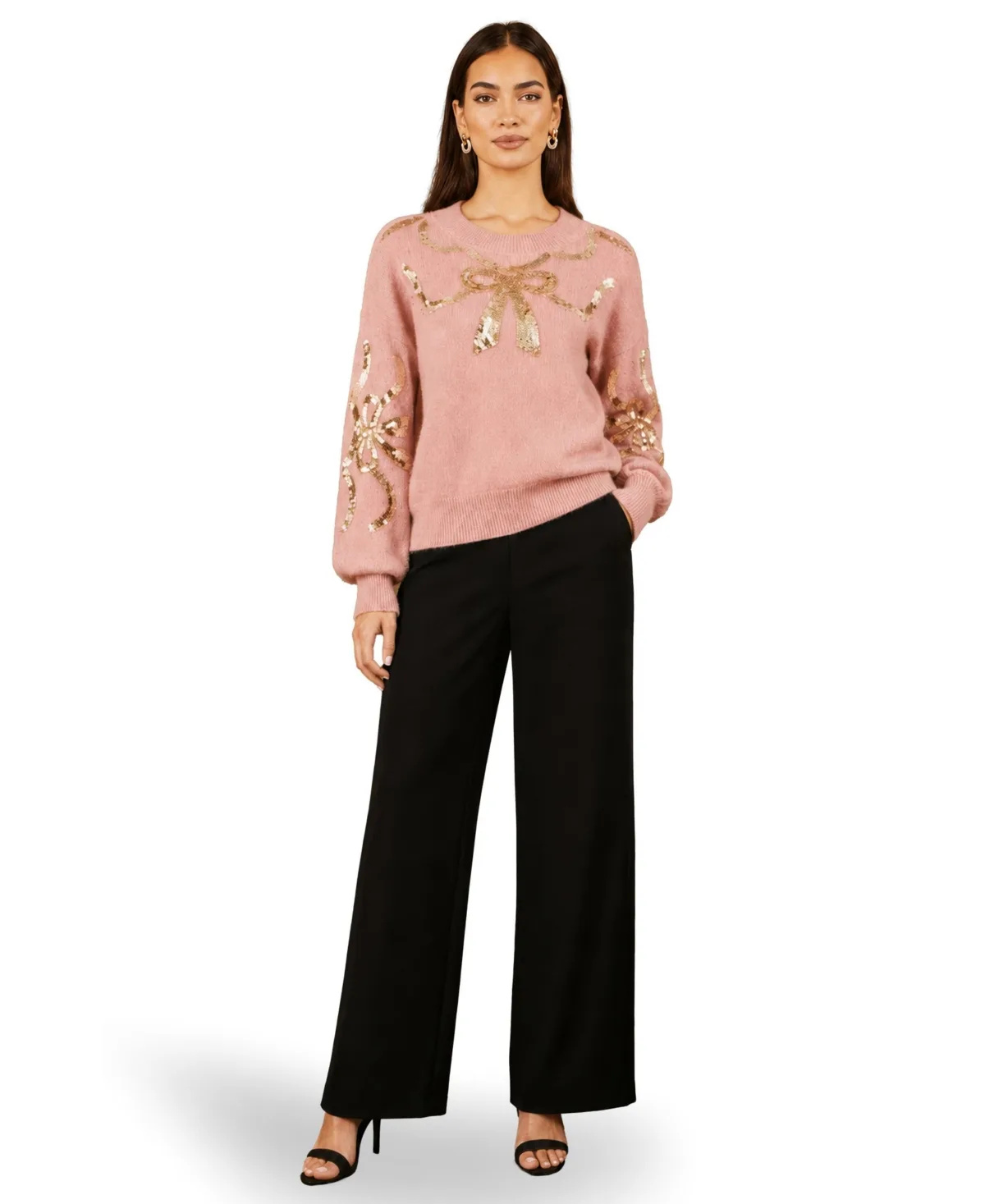 Sequinned Bow Neckline Sweater by Yumi