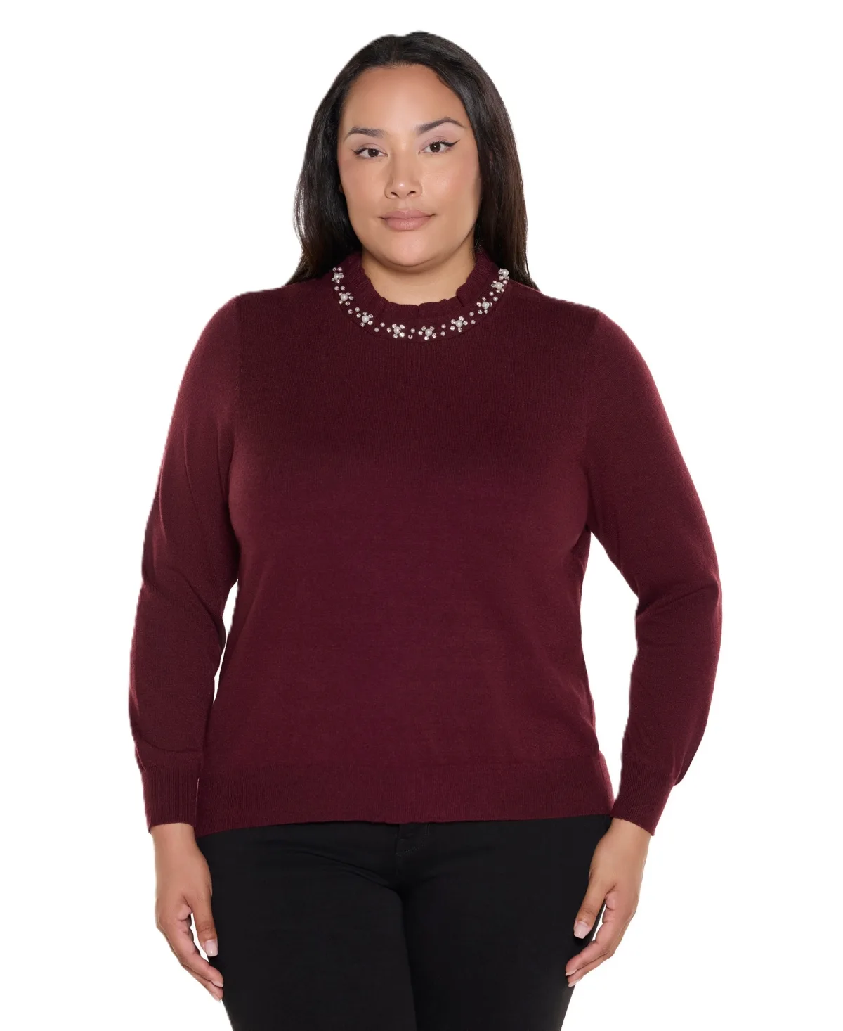 Mock Neck Long-Sleeve Embellished Sweater by Belldini