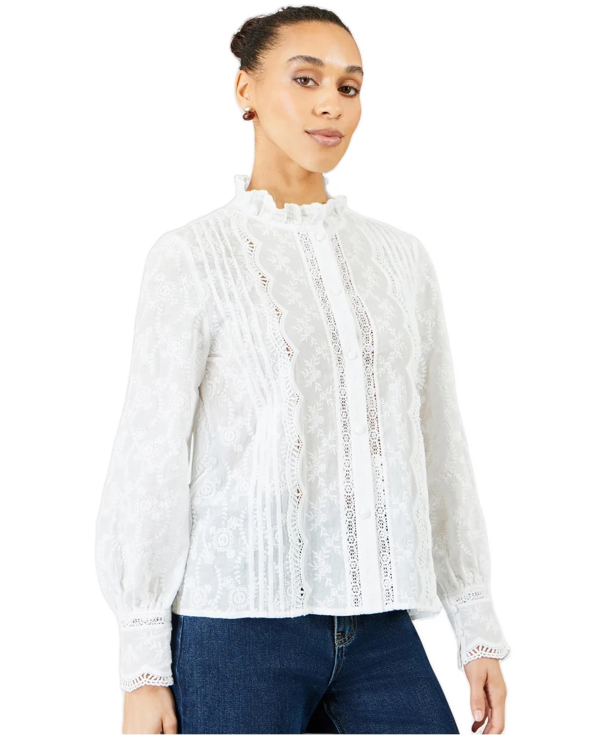 Long-Sleeve Lace-Detail Cotton Blouse by Yumi