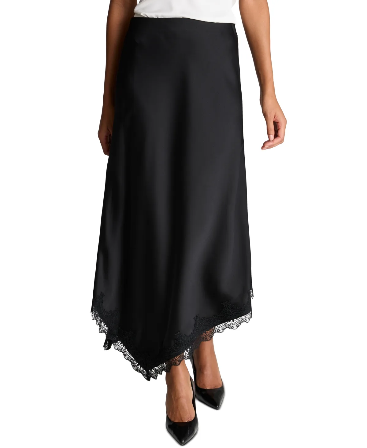 Asymmetrical Satin Lace-Trim Skirt