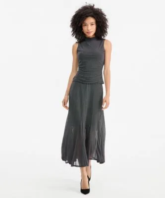 Printed Mesh Mock Neck Top Midi Skirt by INC International Concepts