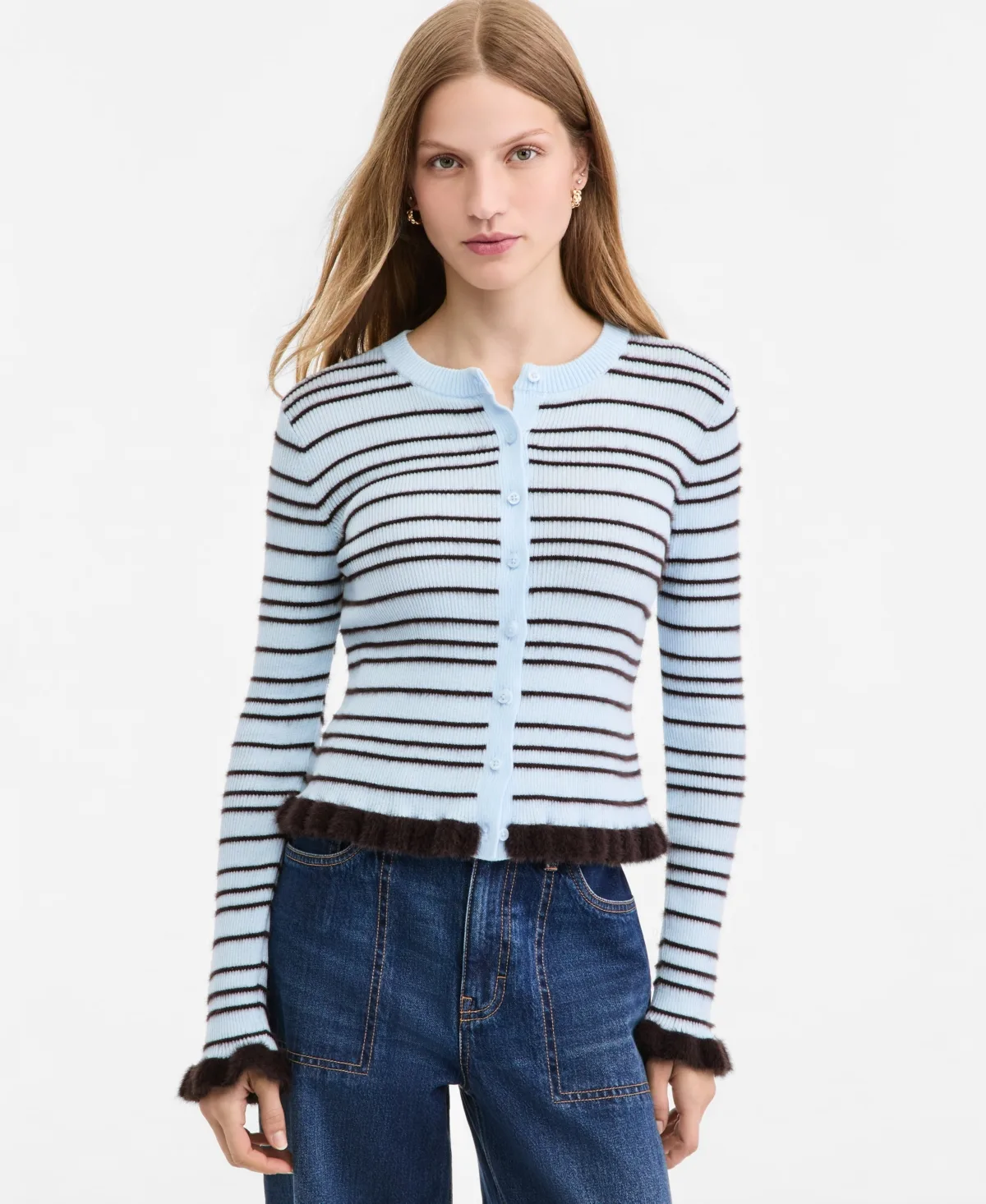 Eyelash-Stripe Ruffle-Trim Crewneck Cardigan by On 34th