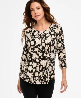 Printed Scoop Neck 3/4 Sleeve Knit Top