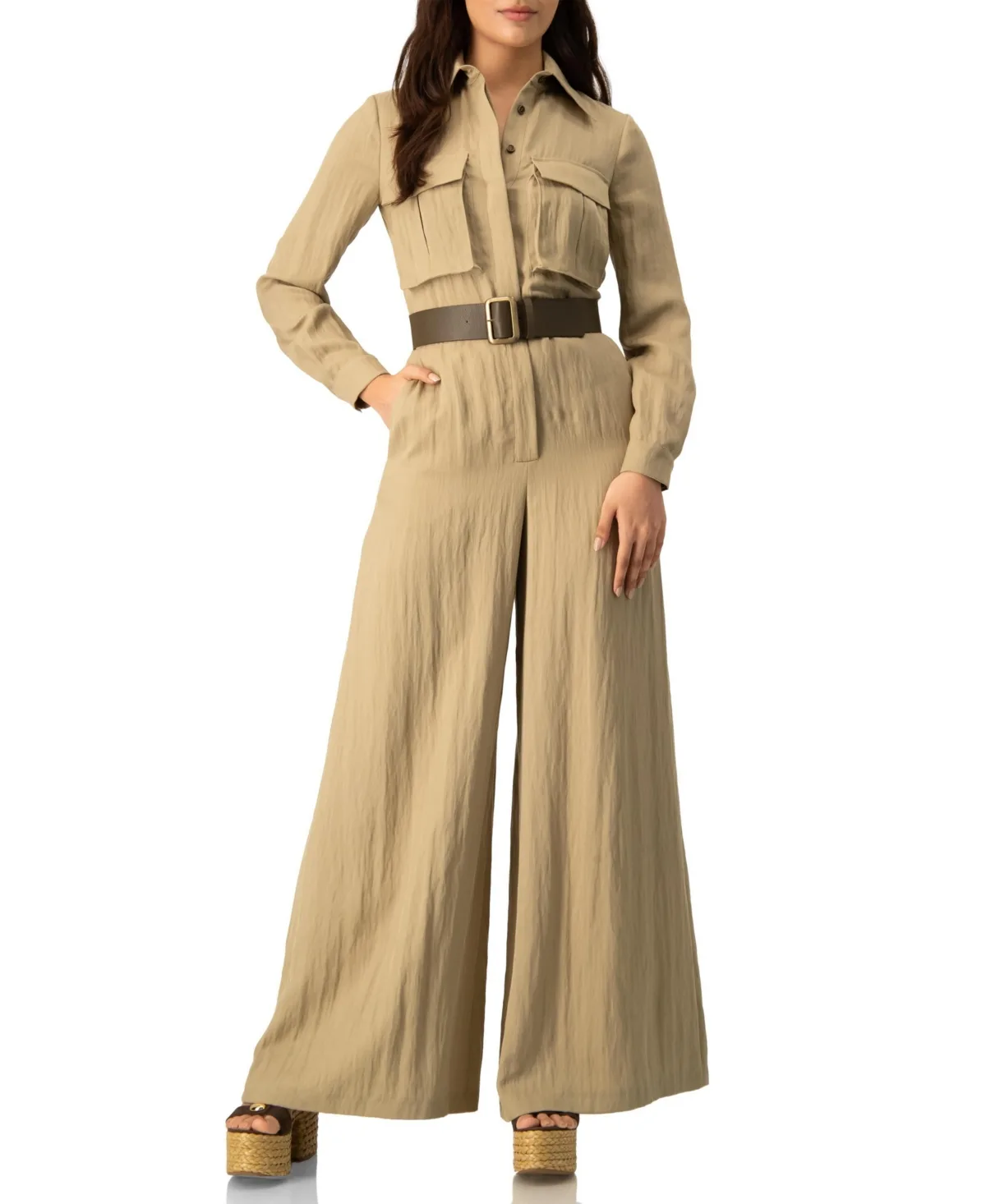 Long Sleeve Button-Front Safari Utility Wide-Leg Jumpsuit