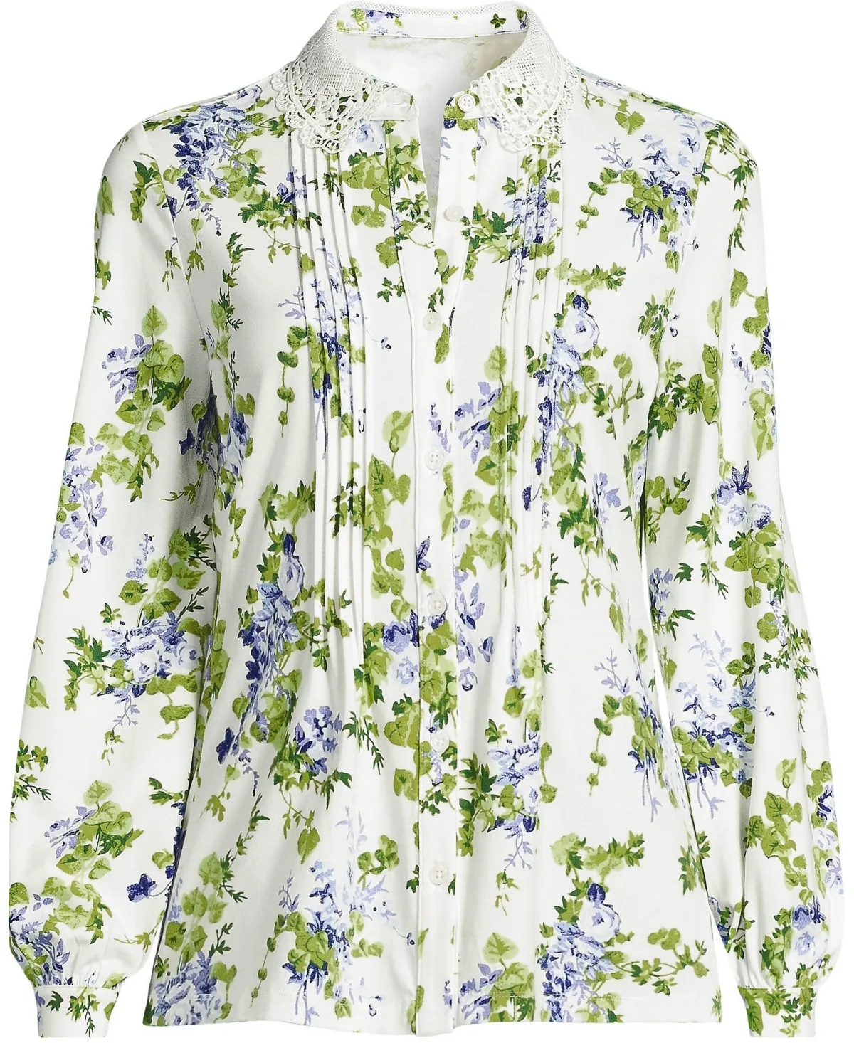 Long Sleeve Lightweight Jersey Button Front Trim Collar Pintuck Blouse by Lands' End