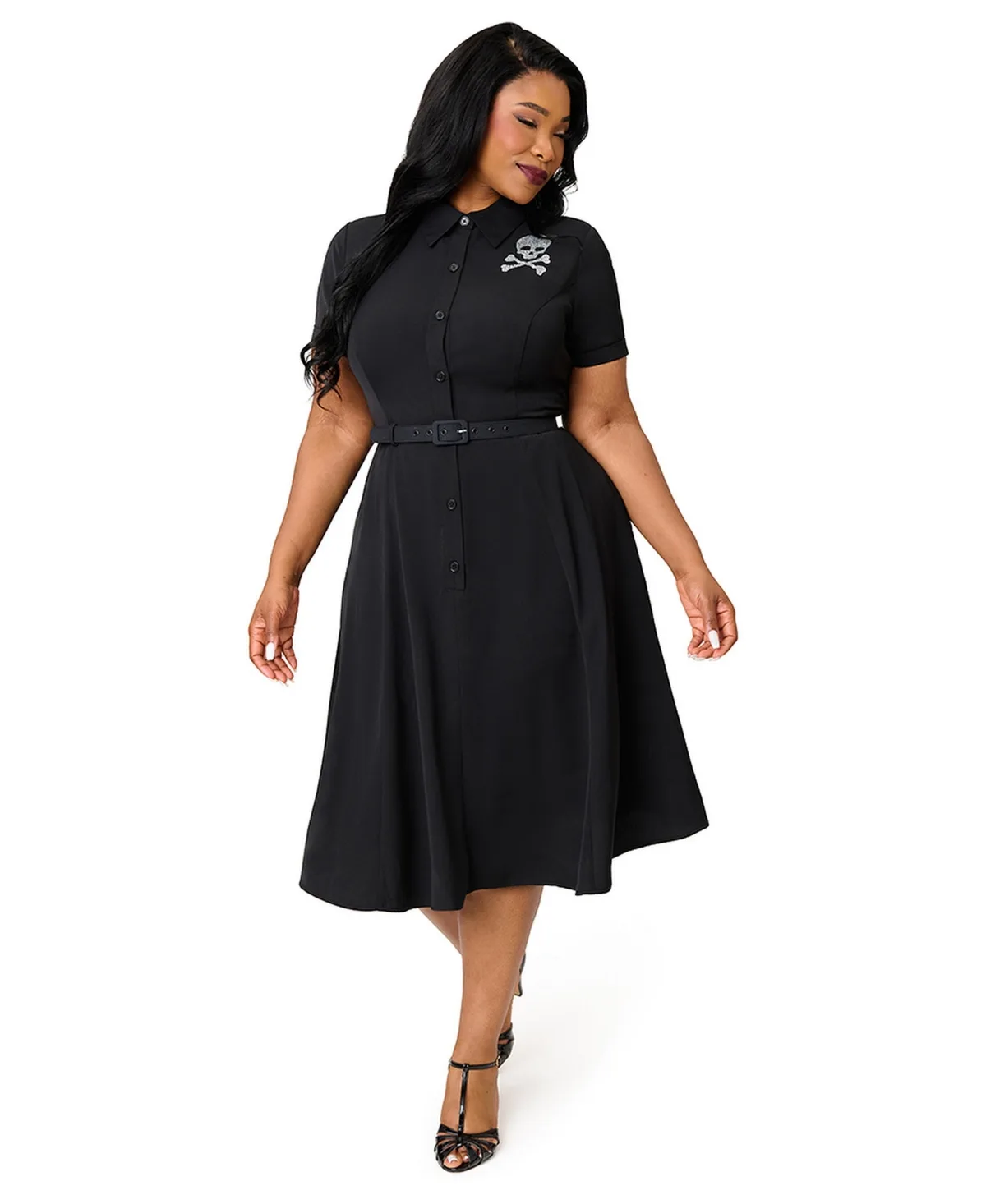 1940s Rhinestone Collared Midi Shirt Dress by Unique Vintage