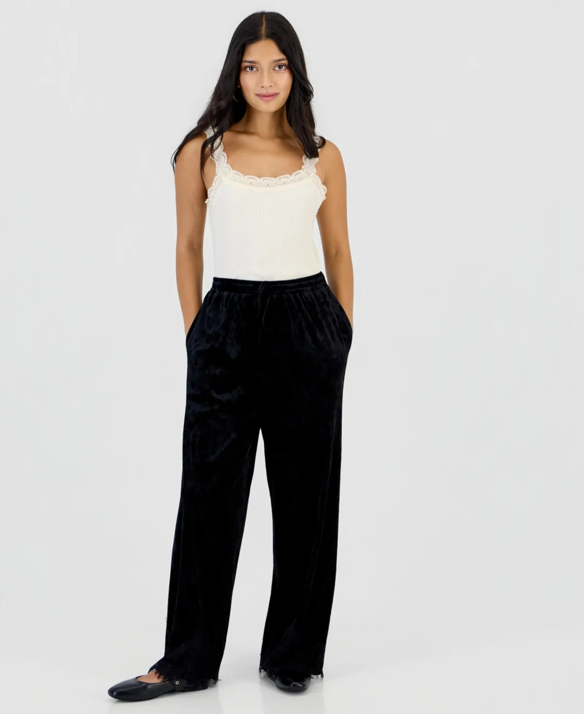 Velvet Lace-Trim Wide-Leg High-Rise Pants by And Now This