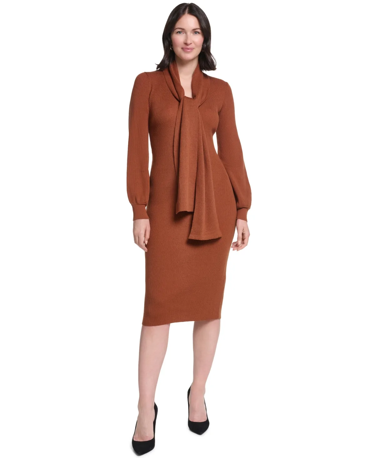 Long-Sleeve Midi Attached Scarf Sweater Dress