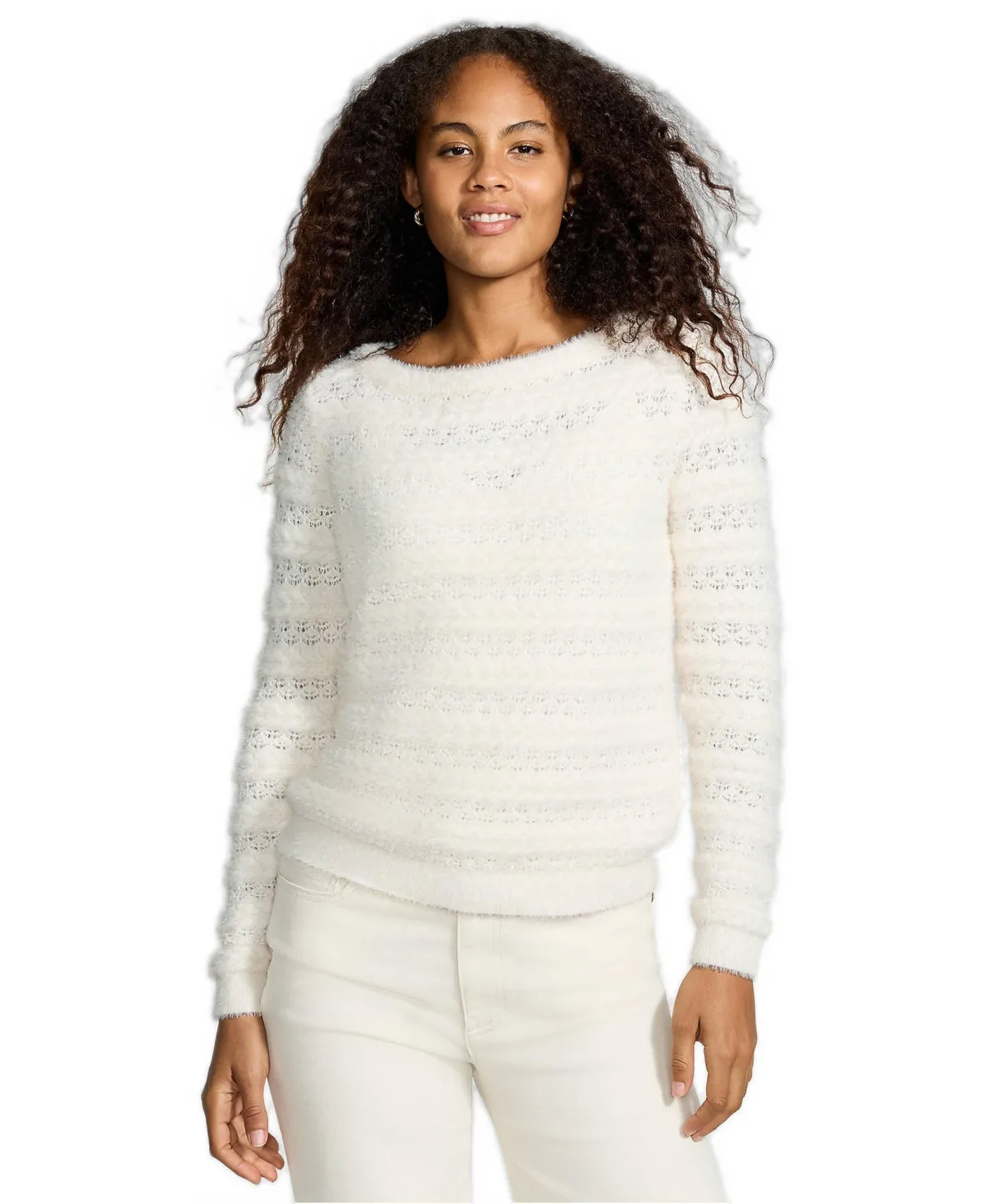 Fuzzy Eyelash Cable Boatneck Sweater by Lands' End